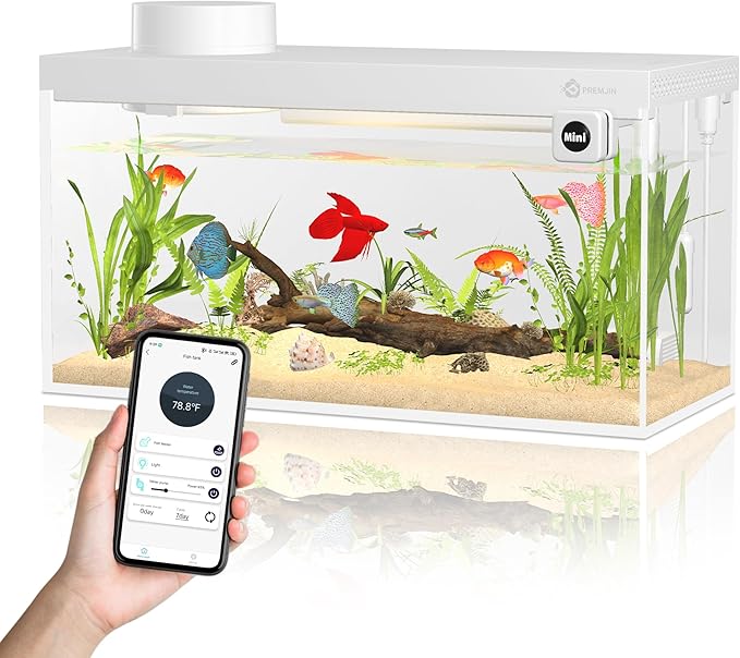 Smart Fish Tank Aquarium Kit with APP Control and Auto Feeder - 1.5 Gal Fish Tank Multi-Layer Filtration System Silent Pump & UHD Glass - 16 Million DIY Colors Includes Mini Magnetic Scrubber Scraper
