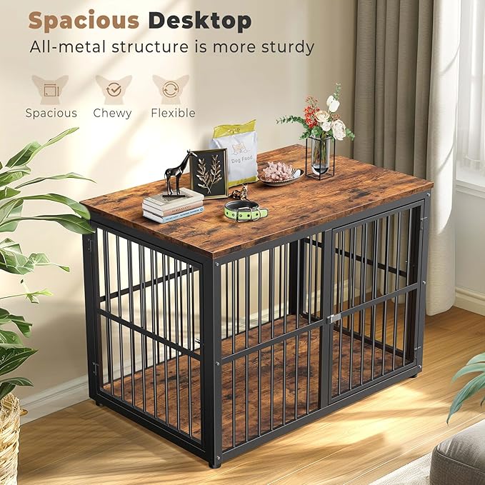 43'' Dog Crate Furniture with 3 Doors, XL Wooden Crate End Table Heavy Duty Indoor Puppy Cage for Medium to Large Dogs, Multiple Units Can be Combined