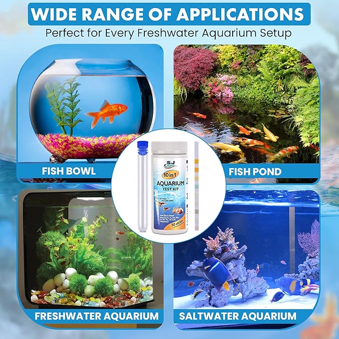 10 in 1 - Aquarium Test Strips | 100 Fast & Accurate Strips | Fish Tank Aquariums Water Test Kit & ebook | Aquarium Thermometer | Fish Tank Water Testing Kit for Fresh & Saltwater | Versatile Usage