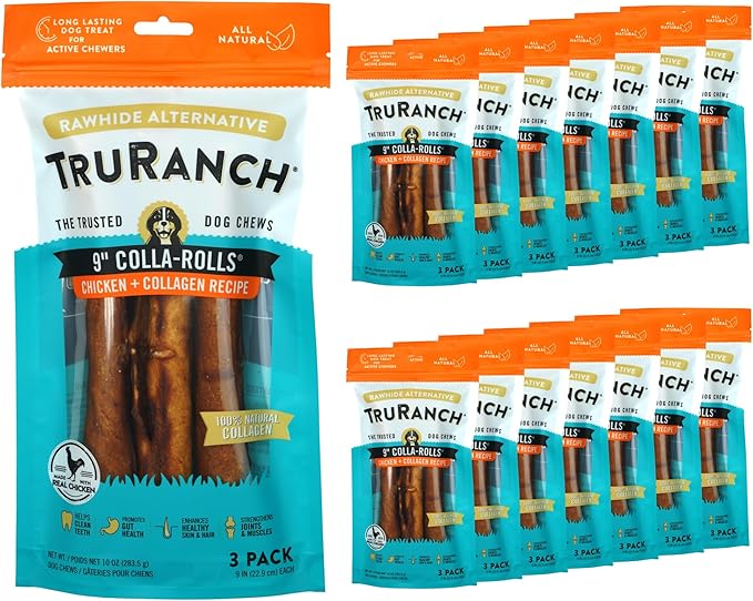 Collagen Rolls - 9" Collagen Rolls for Dogs - Long Lasting Healthy Joint Support - Rawhide Alternative - Skin & Coat Health - Made with Real Chicken, Value Pack, 15 Bags, 45 Count