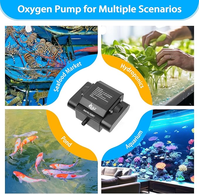 AQQA Aquarium Air Pump Powerful Pond Aerator Oxygen Pump 4 Outlets Adjustable Hydroponic Air Bubbler Pump with Air Stone Tube Air Valves for Up to 1000Gal (15W,356GPH)