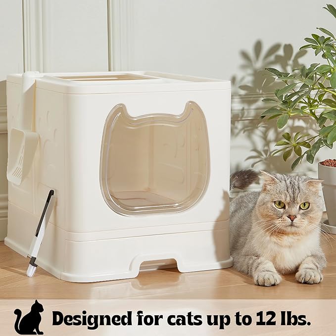 Gefryco Foldable Cat Litter Box with Lid,Covered Litter Box for Small and Medium Cats, Enclosed Cat Potty with Scoop and Brush, Top Entry Cute Kitten Litter Tray with Drawer and Top Cover(White)