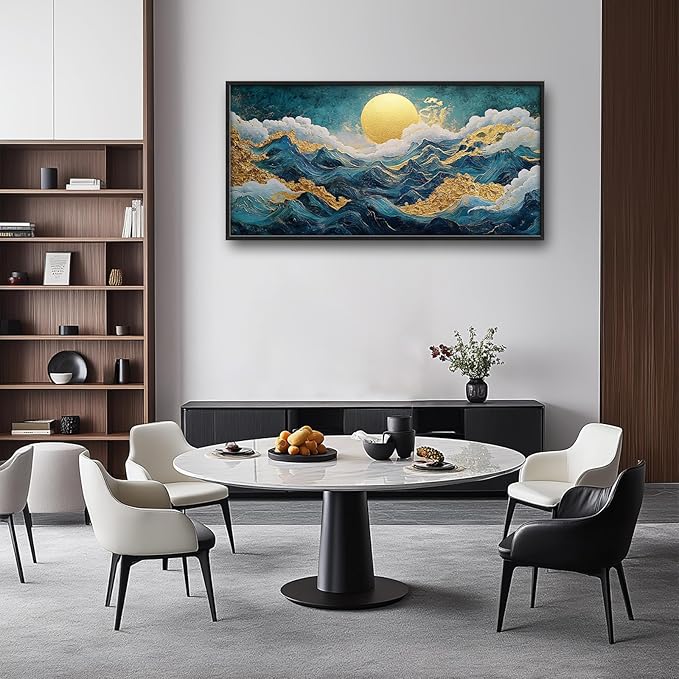 Framed Large Sun Mountain Wall Art, Oversized Teal and Golden Sun Wall Decor for Living Room, Abstract Landscape Canvas Painting Modern Artwork Home Decoration for Living Room Bedroom 60"x30"