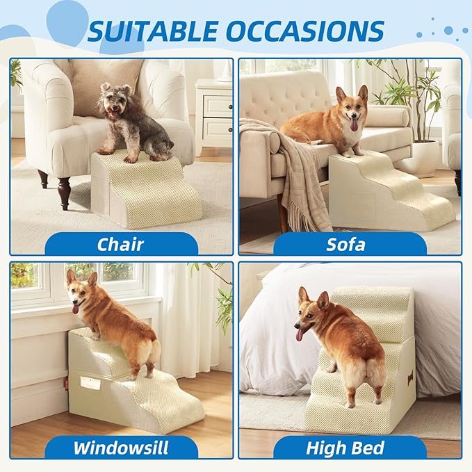 Dog Stairs 3-Step for Small Dogs and Cats to Get on Bed and Furniture/Windows, Pets Can Climb, Sit, or Perch to Look Out Windows, Extra Wide Dog Steps, Non-Slip Waterproof Fabric Cover, Beige（15.7" H）