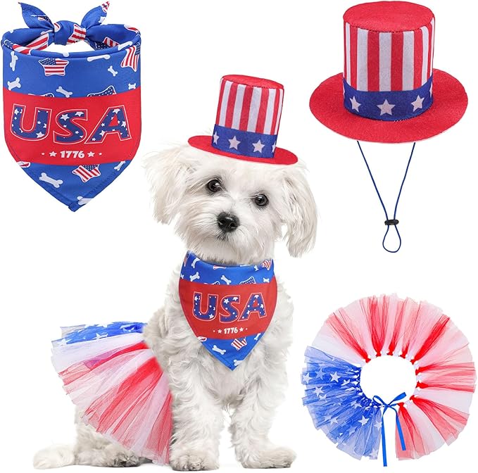 SCENEREAL 4th of July Dog Bandana Dress with Hat Set, Independence Dog Costume for Small Sized Dogs, Cute Tutu Skirt Outfit for Party