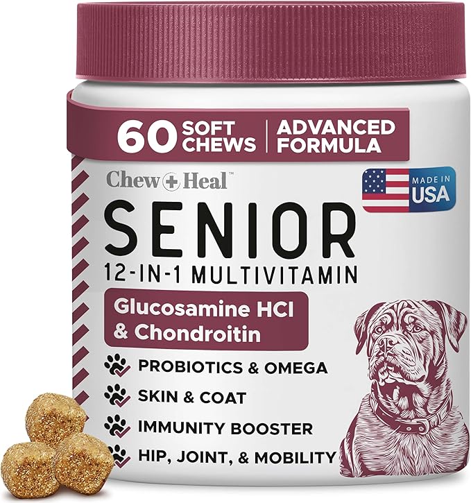 12-in-1 Multivitamin for Senior Dogs - 60 Senior Dog Vitamin and Supplement Soft Chews for Hip and Joint - Advanced Formula with Glucosamine, Omega 3,6,9, Vitamins, Probiotics - Made in The USA
