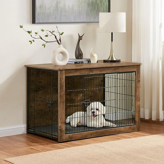 Dog Kennel Furniture, Wooden Dog Crate End Table, Heavy Duty Dog Crate, Decorative Pet Crate Dog Cage for Large Indoor Use (Rustic Brown) 27" L×20" W×23" H