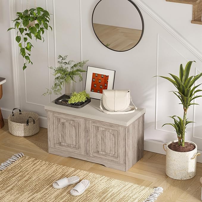 DINZI LVJ Shoe Bench, Entryway Storage Bench with Doors, Cushion, 2-Tier Shoe Rack with 6-Cubby, 31.5”L x 13.8”W Shoe Organizer Cabinet, Adjustable Shelf, Living Room, Bedroom, Greige