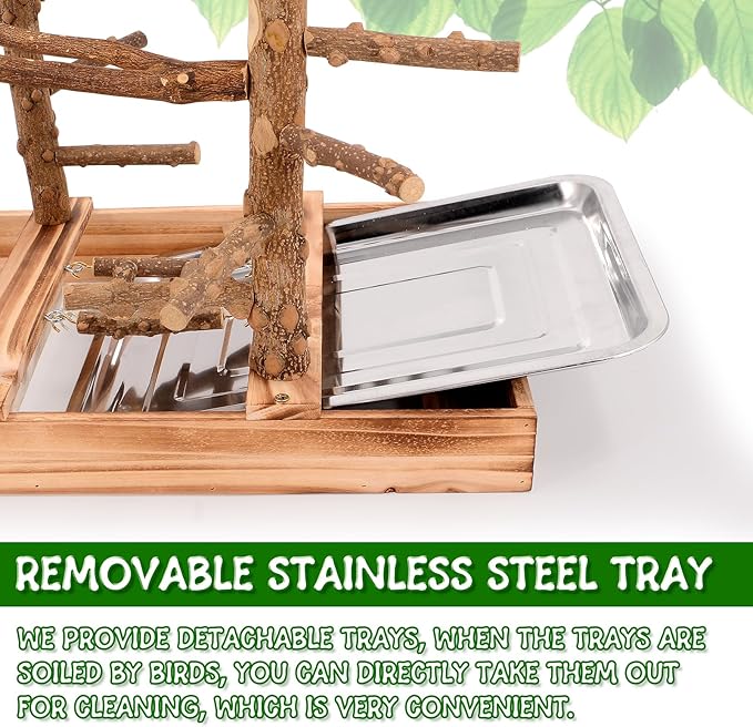 Bird Playground - Natural Wood Bird Perch Stand with Removable Tray and 2 Stainless Steel Cups