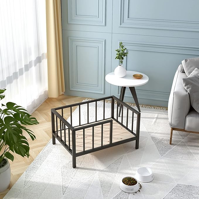 Dog Bed with Rails - Elevated Pet Metal Bed Frame with Solid Wood Board and Washable Soft Mat for Small Dog Indoor or Outdoor Use, 21.3" x 30", Black