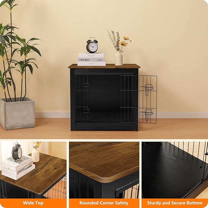 DWANTON Dog Crate Furniture with Cushion, Wooden Kennel Table with Double Doors, Indoor Dog House, Small/Medium/Large Size, 27.2" L, Black+Warm Brown