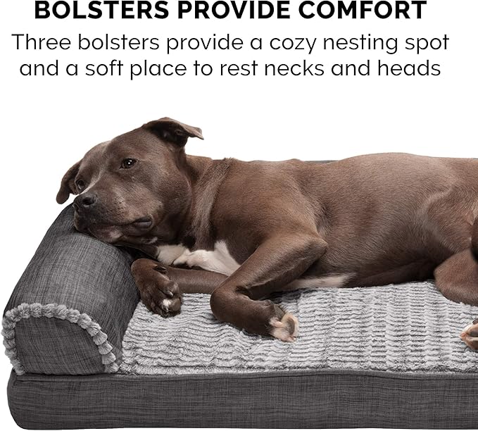 Furhaven Cooling Gel Dog Bed for Large/Medium Dogs w/ Removable Bolsters & Washable Cover, For Dogs Up to 55 lbs - Luxe Faux Fur & Performance Linen Sofa - Charcoal, Large