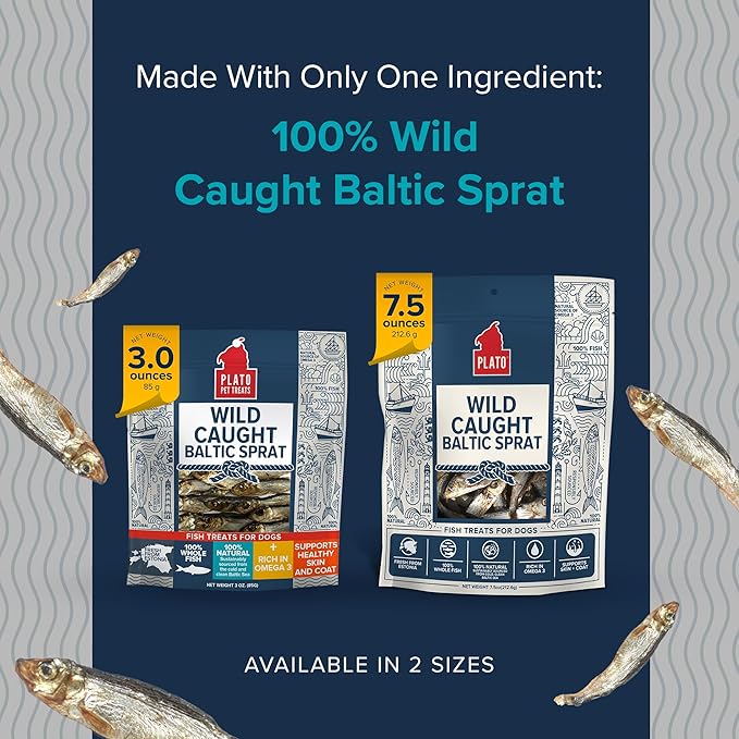 PLATO Pet Treats Fish Dog Treats - Air-Dried, Single Ingredient Dog Treat - with Omega 3 & 6 Fatty Acids to Support Skin and Coat - 100% Whole Fish - Wild Caught Baltic Sprat Dog Treats - 7.5 oz