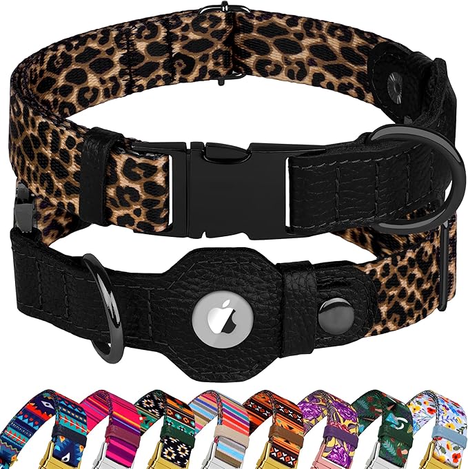 AirTag Dog Collar for Small Medium Large Breed - Adjustable Cute Pattern Dog Collar with Airtag Holder - Soft Leather Tracker GPS Apple Air Tag Pet Collars (Medium, 14"-18" Neck Fit, Leopard)