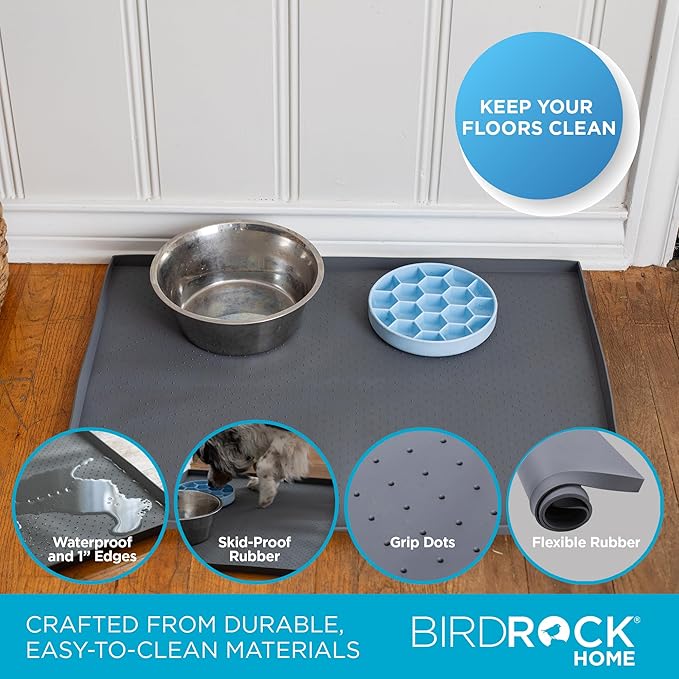 BIRDROCK HOME Extra-Large Dog Mat for Food and Water Bowls - Waterproof Pet Feeding Mat to Prevent Spills - Anti-Slip Rubber Tray for Messy Eaters - Placemat Protector for Floors - 32in x 24in - Grey