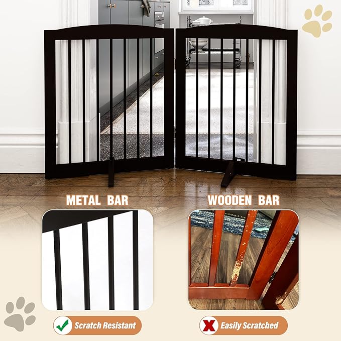 Freestanding Pet Gate for Dogs, Foldable Wooden Dog Gate for House, Indoor Pet Barrier for Stairs, Doorways, Support Feet Included, 24" Height 2 Panels, Brown