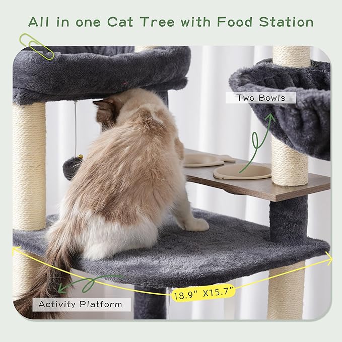 Cat Tree with Tunnel, Cat Tower for Indoor Cats, Tall Cat Tree Tower with Cat Condo, Food Station, Large Platform, Scratching Posts, Hammock, Smoky Gray GCT021G