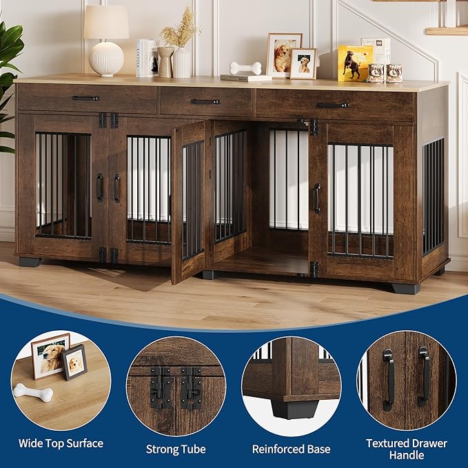 71 Inch Dog Crate Furniture for 2 Rooms, Wooden Double Crate Large Breed with Door, Dog Kennel Indoor, TV Stand End Table with Divider for Large Medium Dogs,Brown