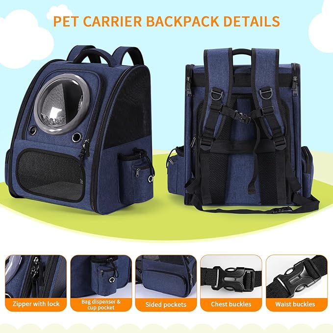 Extension Cat Carrier Backpack with Transparent Bubble Window,Dogs Backpack Carrier with Breathable Mesh Travel Bag, Portable Space Capsule Design with Foldable for Pets (Blue)