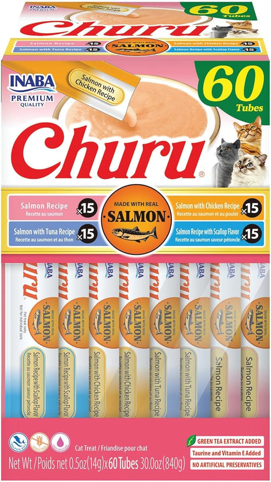 INABA Salmon Churu Cat Treats, Lickable, Squeezable Creamy Purée Cat Treat with Green Tea Extract & Taurine, 0.5 Ounces Each Tube, 60 Tubes, Salmon Variety Box