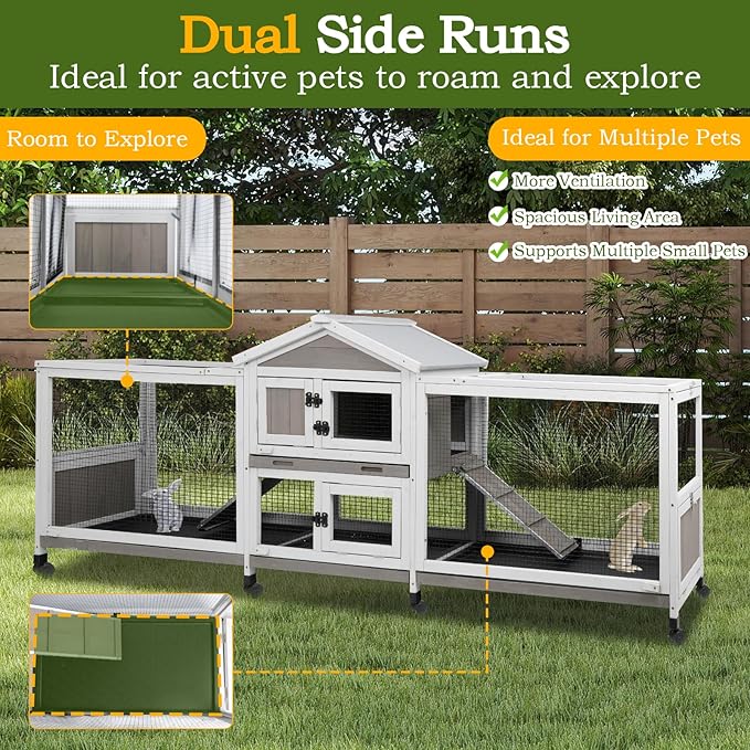 Double Rabbit Hutch Outdoor Indoor Large Bunny Cage with Dual Side Runs, 2-Story Wooden Hutch with 4 Leak Proof Trays, 8 Wheels, Waterproof Roof, Ramp, for Small to Medium Animals