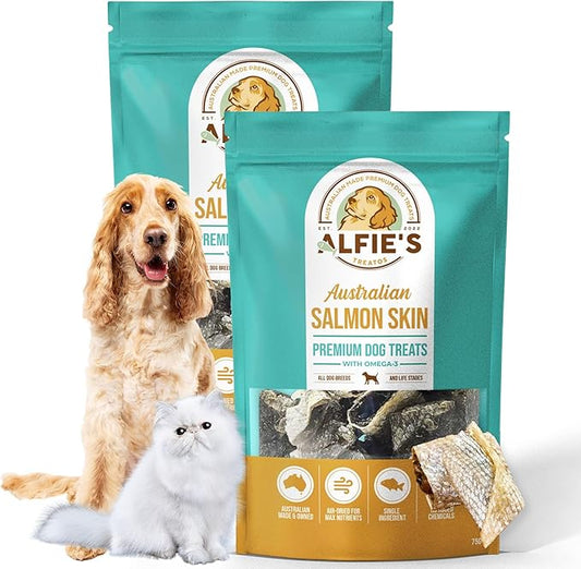 ALFIE'S TREATOS Salmon Skin Treats for Dogs & Cats (5.3 oz, 2x2.65 oz), Value Bundle, Air-Dried Fish Skin Dog Treats, Omega-3 Food Topper & Training, Single Ingredient, Freeze-Dried Alternative