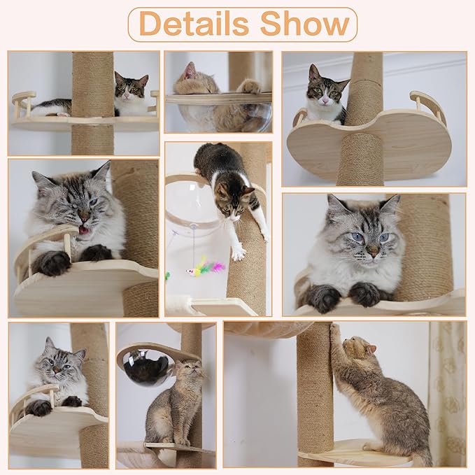 Floor to Ceiling Cat Tree Height (50-120 in) Adjustable Cat Tower 5 Tier Hemp Scratching Post High Cat Tree Sturdy Activity Tree Indoor Outdoor Cat Scratching Post Activity Center