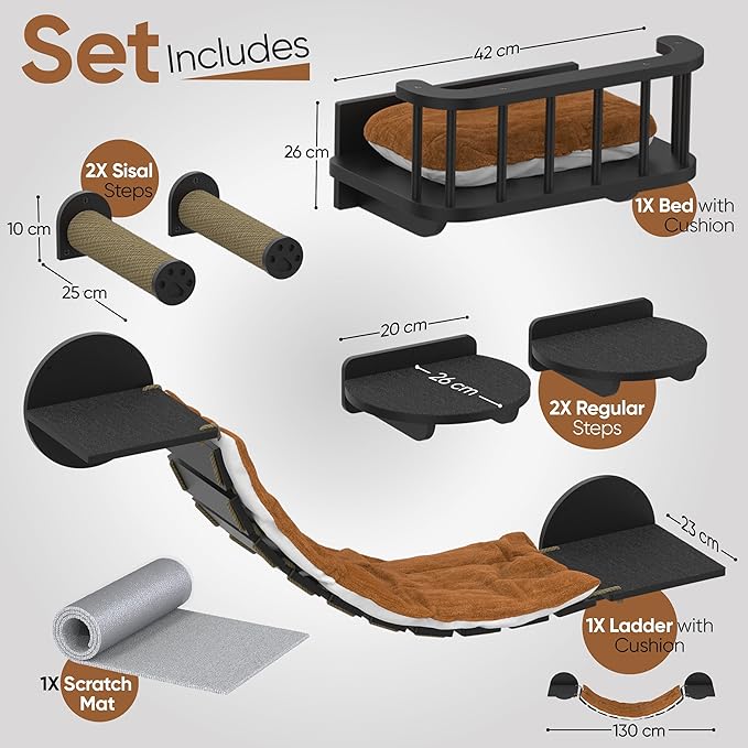 FURRY VIBES Cat Wall Shelves & Perches – 7-in-1 Cat Wall Furniture Set with Bed, Climbing Steps, Scratcher & Bridge Ladder – Black Bamboo Wall Cat Shelf for Indoor Cats