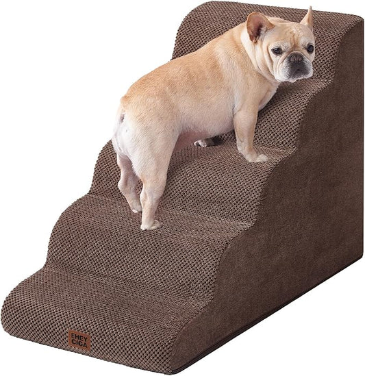 EHEYCIGA Curved Dog Stairs Ramp for High Beds, 5-Step Extra Wide Dog Steps for Small Dogs and Cats, Pet Stairs for High Bed Climbing, Non-Slip Balanced Pet Step Indoor, Brown