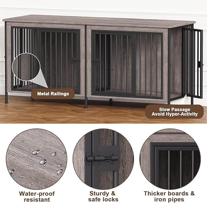 EasyCom 63" Dog Cage Furniture for 2 Pets with Divider, XL Wooden Double Dog Crate Furniture TV Stand for Mideum Breed, Durable and Sturdy