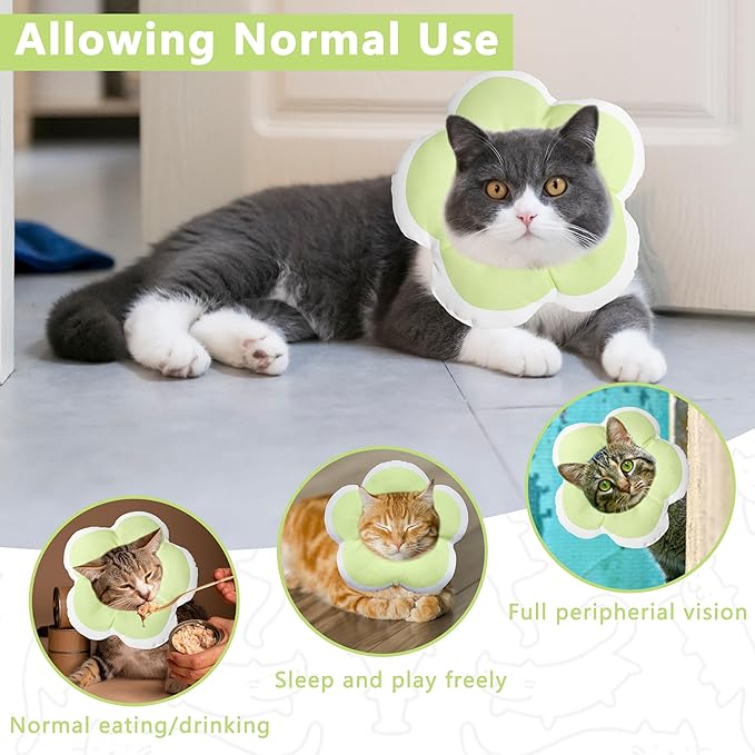 Cat Cone Collar Soft, Waterproof Cats Cones to Stop Licking After Surgery, Adjustable Soft Elizabeth Cats Collars for Wound Healing, Flower Shape Cat Recovery Collar (Green, Large)
