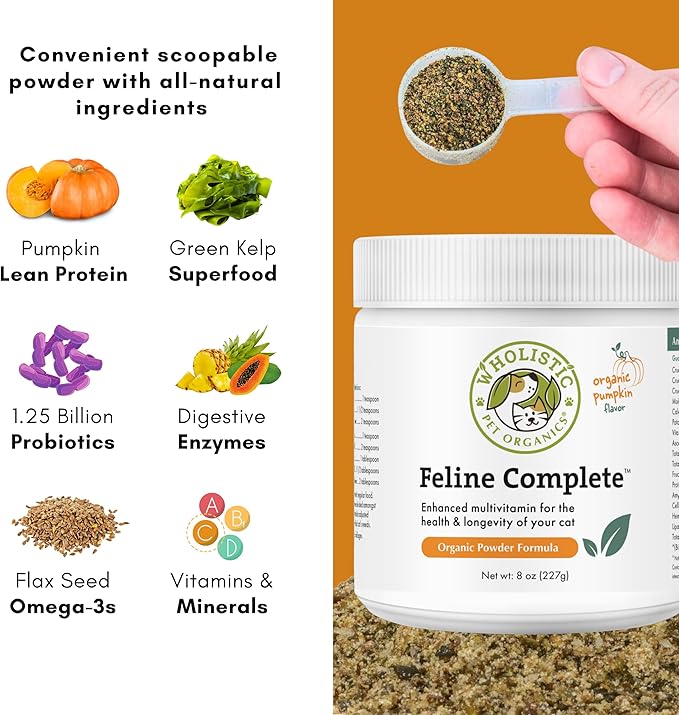 Wholistic Pet Organics Feline Complete Organic Pumpkin - 8 Oz - Multivitamin & Probiotic Powder for Cats - Natural Cat Food & Digestive Support
