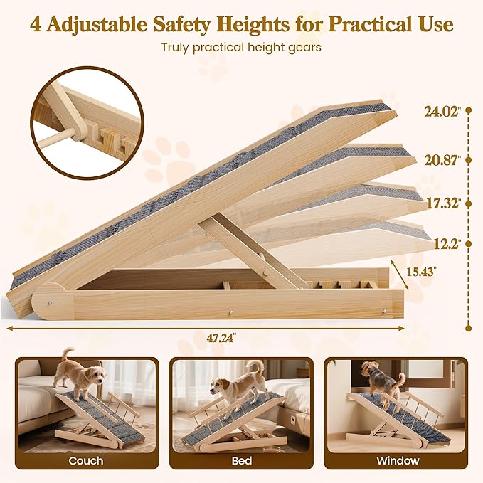 Dog Ramp for Bed, 47" Long Non-Slip Portable Pet Ramp for Small Large Dogs, Wooden Adjustable Dog Ramps for Bed, Couch, Car -Non Slip Carpet Surface and Foot Pads, Height from 12" to 24", Up to 200LBS