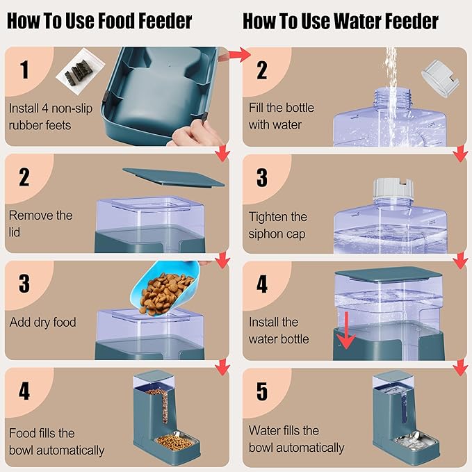 Automatic Cat Feeder and Cat Water Dispenser Set with Stainless Steel Bowls Gravity Dog Feeder for Small Medium Big Dog Pets Puppy Kitten, 3.8L x 2 (Cyan)