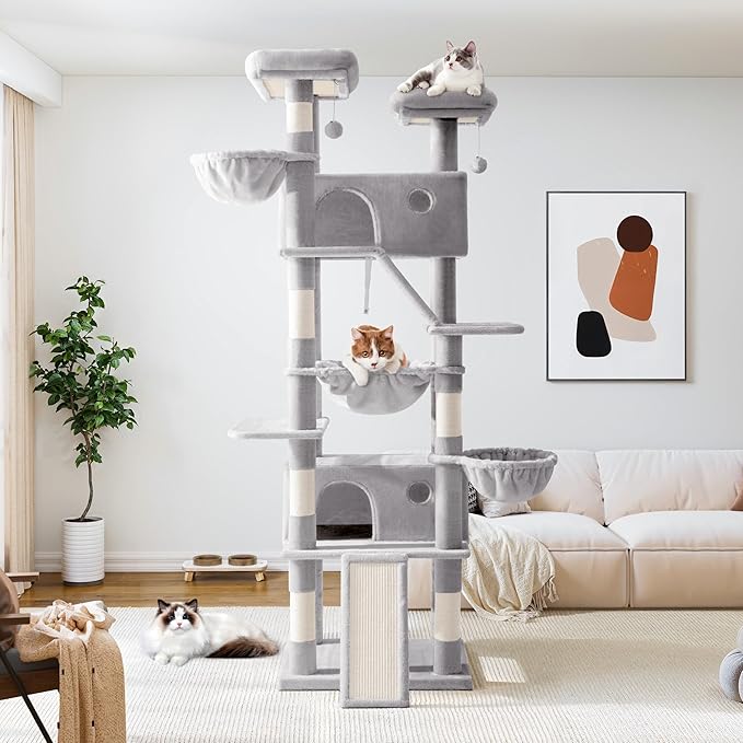 Allewie 81 Inches Tall Cat Tree/Multi-Level Large Climbing Tree House and Towers for Big Feline/Condo and Hammock/Scratching Post/Wide Base/Grey