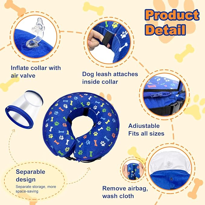 Dog Cone Collar with Enhanced Anti-Licking, Inflatable Dog Cone After Surgery, Adjustable Size with Soft Padding for Small Medium Large Dogs - Blue/XL