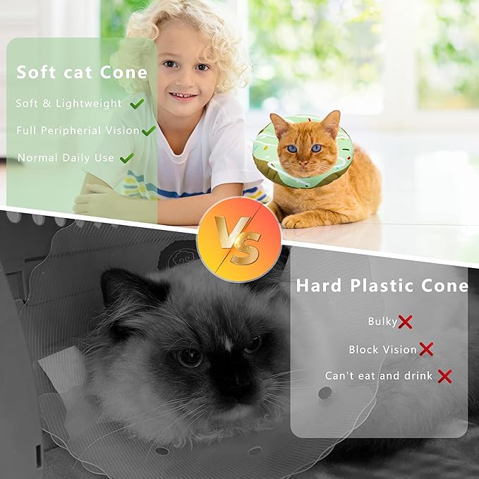 Cat Cone Collar Soft, Adjustable Cat Recovery Collar Kitten Cones to Stop Licking, Cute Donut E Collar After Surgery, Cats Neck Pillow Cone Elizabethan Cones of Shame (Waterproof Green, Large)