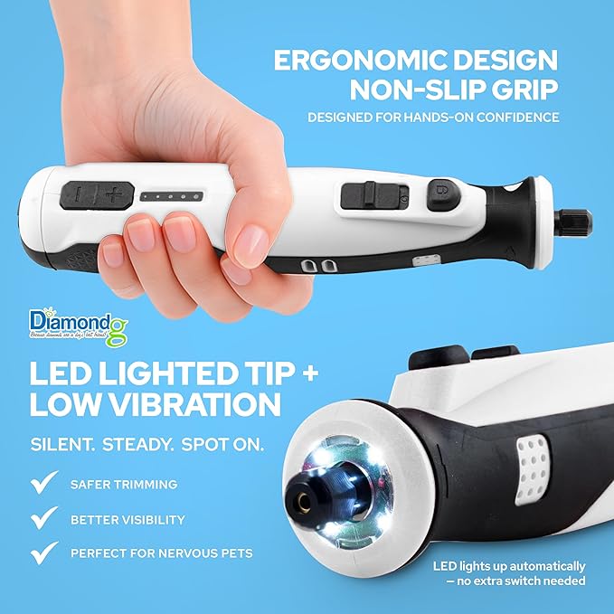 Diamondg Cordless Dog Nail Grinder with Quiet Sound & LED Tip for Large & Small Dogs, 4hrs. Runtime, 2 Bits Included, White