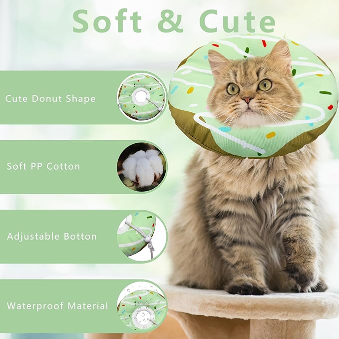 Cat Cone Collar Soft, Adjustable Cat Recovery Collar Kitten Cones to Stop Licking, Cute Donut E Collar After Surgery, Cats Neck Pillow Cone Elizabethan Cones of Shame (Waterproof Green, Large)
