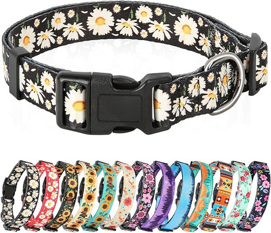 HEELE Dog Collar, Adjustable Soft Dog Collar for Small Medium Large Dogs,Daisy Floral Patterned Puppy Collars with Quick Release Buckle Daisy Black S Length 9.84''-14.96'
