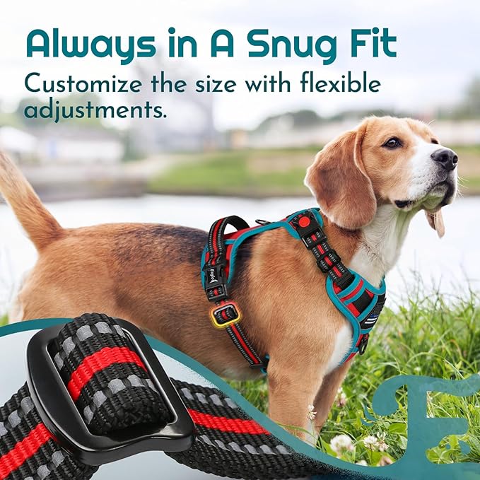 Eagloo Dog Harness Medium Sized, Easy Wearing with 3 Buckles, Adjustable No Pull Pet Harness with 2 Rings for Walking, No Chock Reflective Soft Padded Vest with Control Handle, Red & Teal, M