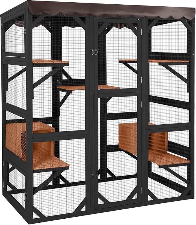 Aivituvin Catio Outdoor Cat Enclosure Large Cat House for Mulitiple Cats Walk in Kitty Cage with Tarp Roof 70" Black