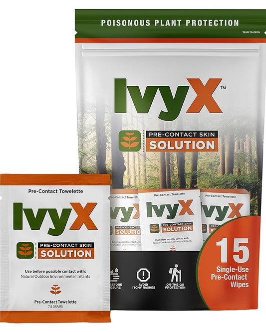 CoreTex Ivy X Pre-Contact Poison Ivy Wipes with Resealable Travel Bag - Pack of 15 Single-Use Barrier Wipes - Also Works on Poison Oak & Sumac Oils - Quick Dry & Chalk-Free Formula