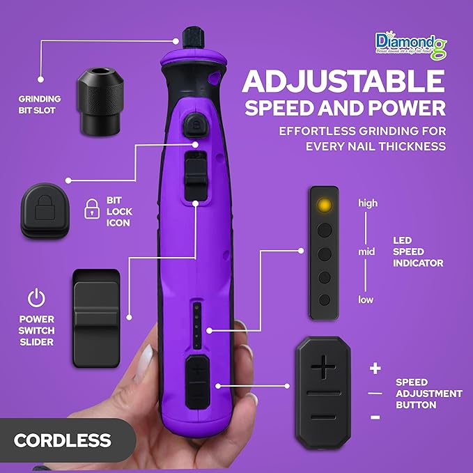 Diamondg Cordless Dog Nail Grinder with Quiet Sound & LED Tip for Large & Small Dogs, 4hrs. Runtime, 2 Bits Included, Purple
