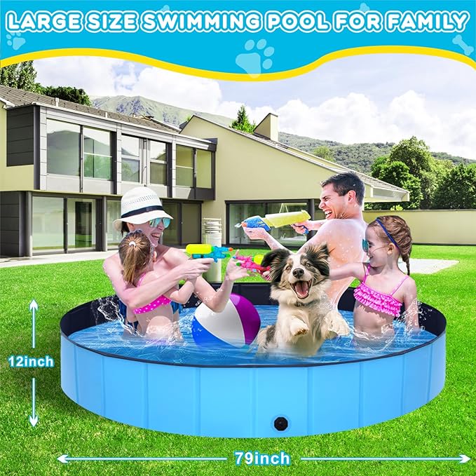 Foldable Dog Pool - 79" x 12" Anti-Slip Portable Dog Swimming Pool, Hard Plastic Collapsible Kiddie Pool for Outdoor and Indoor for Pets Dogs Cats and Kids
