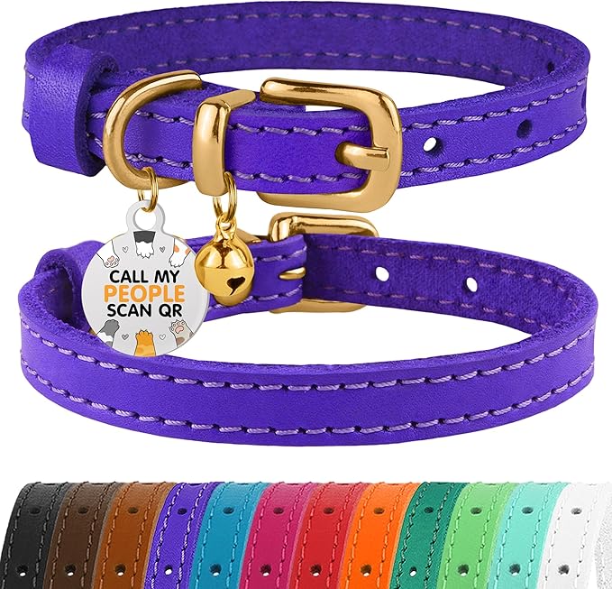 BRONZEDOG Leather Cat Collar with Removable Bells Non Breakaway Kitten QR Tag for Girl Boy (9" - 12" Cats/Mini Dogs, Purple & Gold)