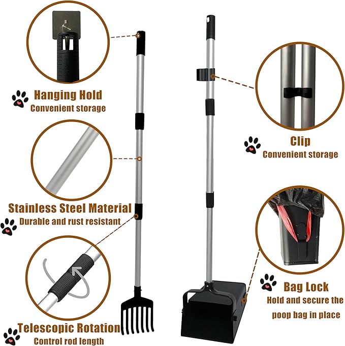 Pooper Scooper Metal 38" Long Adjustable Handle Swivel Bin & Rake for Large & Small Dogs Non-Breakable Dog Poop Scooper Easy to Clean Pet Waste Use on Grass, with 20 Waste Bags