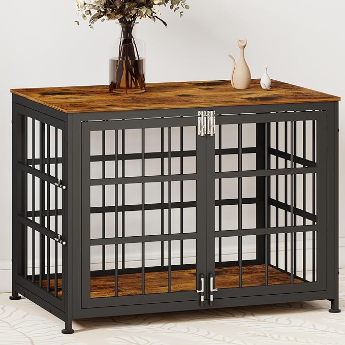 32 Inch Heavy Duty Wooden Dog Kennel End Table with Double Door Design and Secure Locks, Indoor Pet Crate Furniture for Medium Dogs, Decorative Home Cage Design,Aged Black