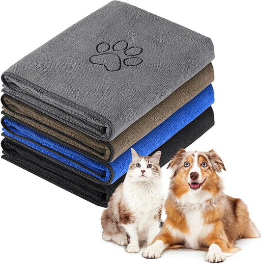 Chumia 4 Pack Dog Towels for Drying Large Microfiber Grooming Tools Absorbent Soft Bath Supplies with Embroidered Paw for Small Medium Pet Products (30 x 50 Inch,Blue,Black,Gray,Brown)