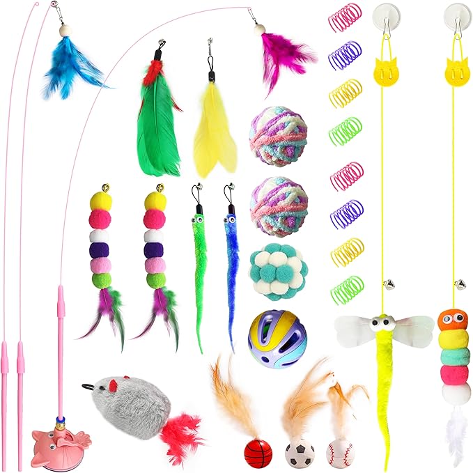 Cat toy pack with 27PCS self play accessories for indoor cats-cat teaser wand, fishing pole, suction cup, ball, string, mouse, feathers and hanging interactive cat toys for kitten Exercise & Chase